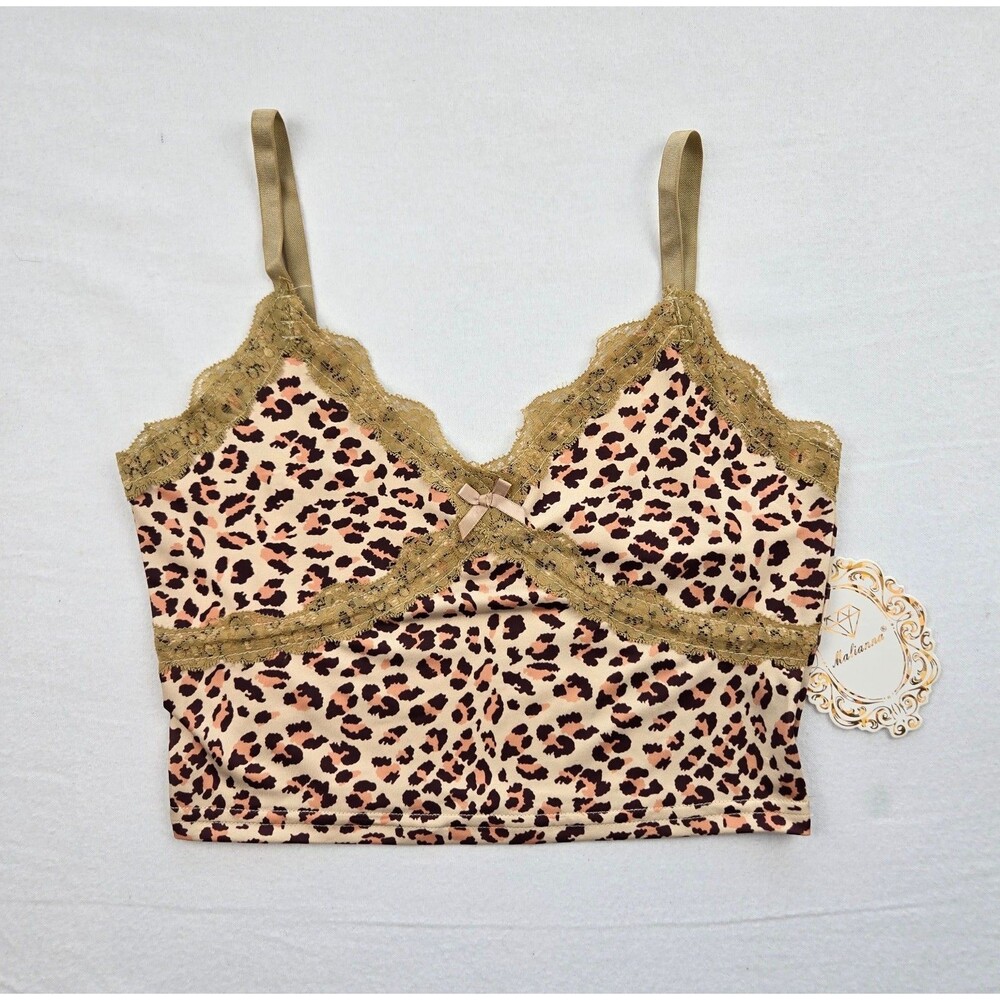 NWT Malianna Leopard Lace Trim Crop Cami Women Small Y2K Fairy Grunge Mob Wife